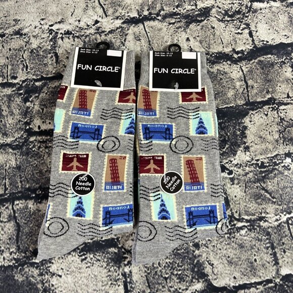Fun Circle Men's Postage Stamp Sox size 10-13 Crew Socks 1 Pair Shoe sz 6-12 - Picture 1 of 7